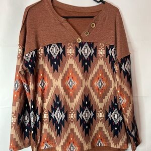 Geometric Patterned Brown and Orange Blouse